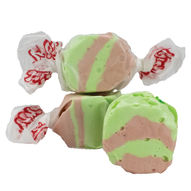 Dirty Soda Taffy - Gourmet salt water taffy candy with a unique dirty soda flavor, crafted by Taffy Town, featuring vibrant green and brown stripes and individually wrapped pieces with the Taffy Town logo